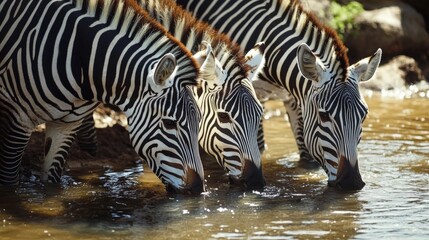 Three zebras drinking water together from a calm stream outdoors