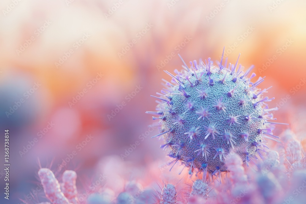 Poster a detailed, artistic render of a virus or bacterium, showcasing its intricate surface structures and