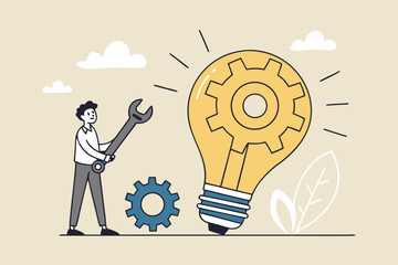 Innovation or product development, idea or solution to solve business problem, invention or technology creation to build new product, efficiency concept, businessman build gear in lightbulb idea.
