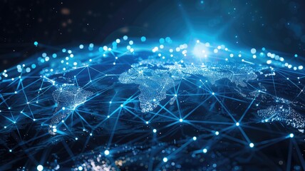 Fototapeta premium This image presents an abstract digital representation of a global network, showcasing connectivity across the world with a blend of light and data elements.