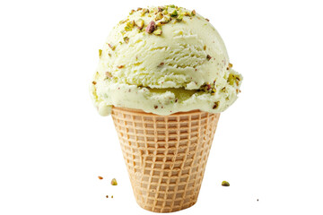 A delightful scoop of creamy pistachio ice cream nestled in a crisp waffle cone, a sweet summer treat against a bright white background.