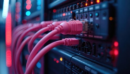 Server room with blinking lights and plugged pink wires. Digital data servers running, data processing and storage tech background. Data center, cloud computing, network security concepts.