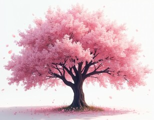 Fototapeta premium Large pink cherry blossom tree with pink flowers in full bloom. Pink petals falling on the ground. The illustration shows the beginning of spring. Sakura tree in full bloom in spring season.