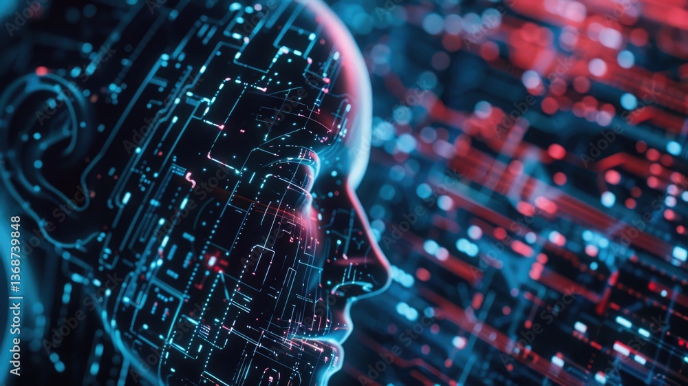 Poster explore a stunning digital representation of artificial intelligence featuring a human face merged w