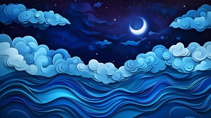 Night sky moon clouds ocean waves dreamy illustration wallpaper background art design vector image