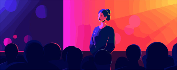 Female speaker addressing audience at conference with colorful lighting, vector