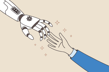Working together with AI Artificial Intelligence, human cooperate with machine or robot, AI help or support coworker, assistance or partnership concept, businessman hand high five with robot hand.