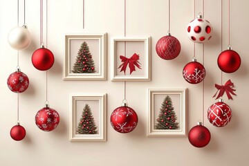 Christmas composition with 18 round Christmas balls for photos and the tree. Photo frames templates. Mockup on beige background. Winter holiday banner, poster, postcard, collage, album. AI
