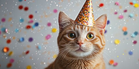 Cute orange cat wearing a party hat amidst colorful confetti celebrating a joyful occasion