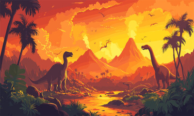 Dinosaur landscape with volcanoes and lush vegetation at sunset - vector