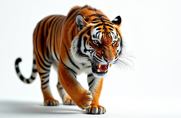 Obraz premium Aggressive tiger on white. Big cat showing fangs. Predator walking, animal close-up on isolated background. Anger, danger, power concept. Bengal tiger portrait.