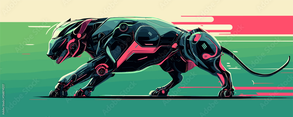 Poster futuristic robotic panther on the move with speed lines - vector
