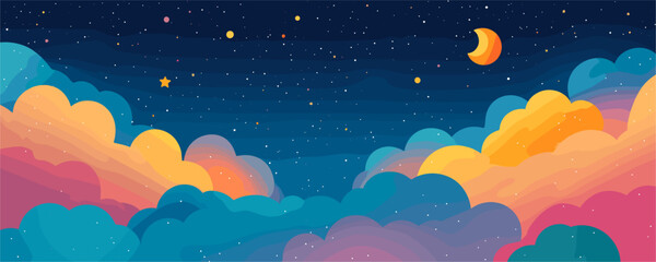 Colorful night sky with vibrant clouds and stars in a dreamy landscape vector