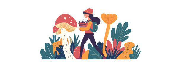 Woman forager with basket in lush mushroom forest scene vector