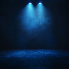 Abstract wall studio room blue background for displaying your products. Dark empty scene, blue neon searchlight light. Dark blue studio room with spotlight backdrop wallpaper. 3d blue room background