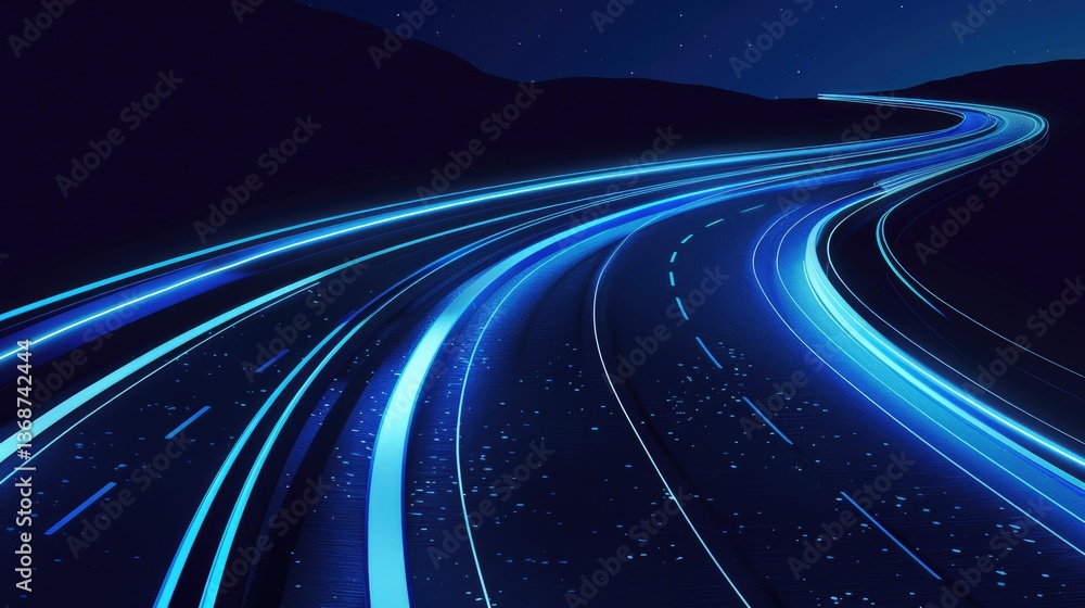 Poster this image features a dark blue abstract highway with glowing light trails, creating a sense of moti