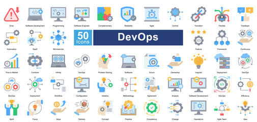 DevOps icon set in flat color style, featuring 50 icons of automation, deployment, agile workflows, and software development. Ideal for IT operations, cloud computing, and CI/CD pipelines.