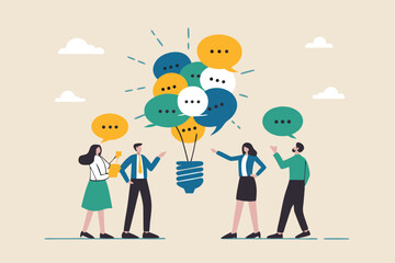 Effective communication, meeting discussion or conversation solution, speak or telling intelligence information, team opinion new idea concept, business people discuss with lightbulb speech bubble.