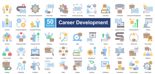 Career Development icon set in flat color style, featuring 50 icons on training, skill growth, employee success, and career progression. Ideal for HR, education, and professional coaching.