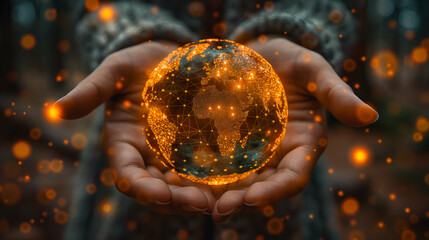 Hands Holding Earth Sphere Global Network Concept, Futuristic Digital World Design