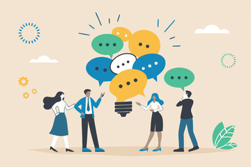 Effective communication, meeting discussion or conversation solution, speak or telling intelligence information, team opinion new idea concept, business people discuss with lightbulb speech bubble.