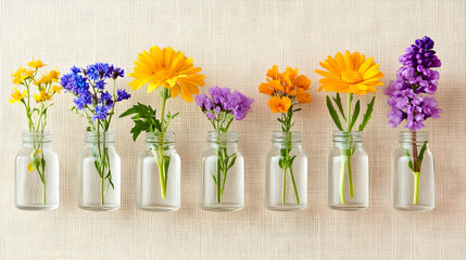Obraz premium Colorful flowers in glass bottles on a textured surface create a cheerful vibe