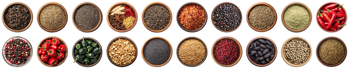 A Colorful Display of Various Spices and Herbs in Round Bowls Arranged Harmoniously on a Rustic Wooden Table. Piquant food set.