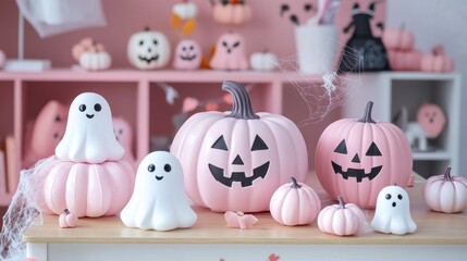 Pink Halloween decorations, miniature pumpkins, ghosts, and spiderwebs on a light-colored wooden table.
