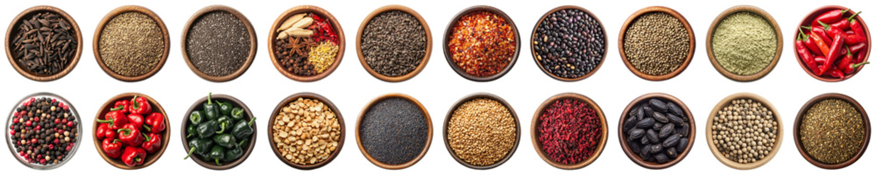 A Colorful Display of Various Spices and Herbs in Round Bowls Arranged Harmoniously on a Rustic Wooden Table. Piquant food set.