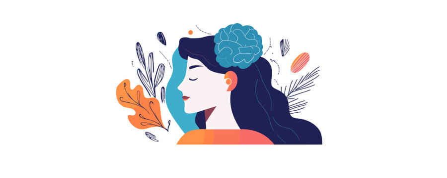 Conceptual female portrait with brain and nature elements - vector