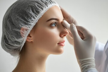 Plastic surgery and beauty concept. Profile shot of woman consulting before rhinoplasty operation, surgeon touching woman nose, white background, side