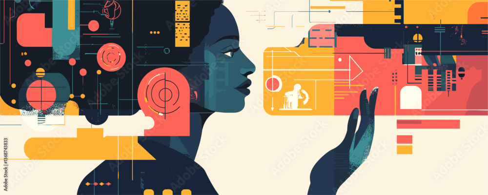 Poster abstract futuristic woman with digital interface and geometric elements vector