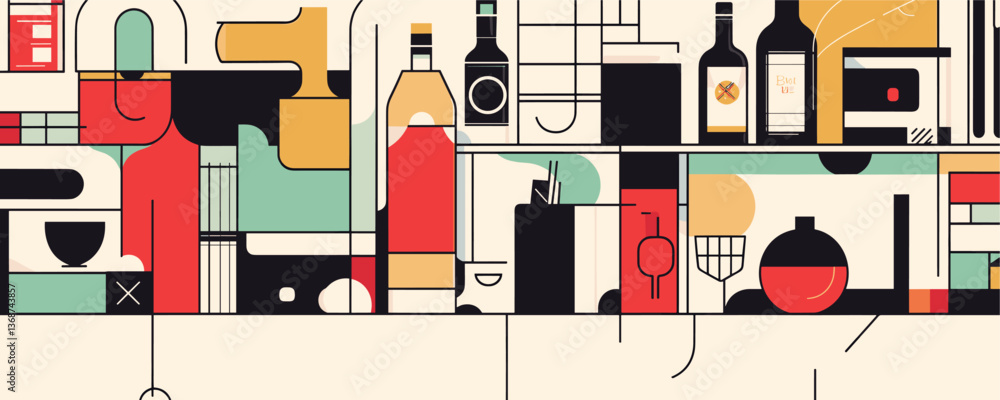 Poster abstract geometric kitchen shelf with bottles and containers - vector