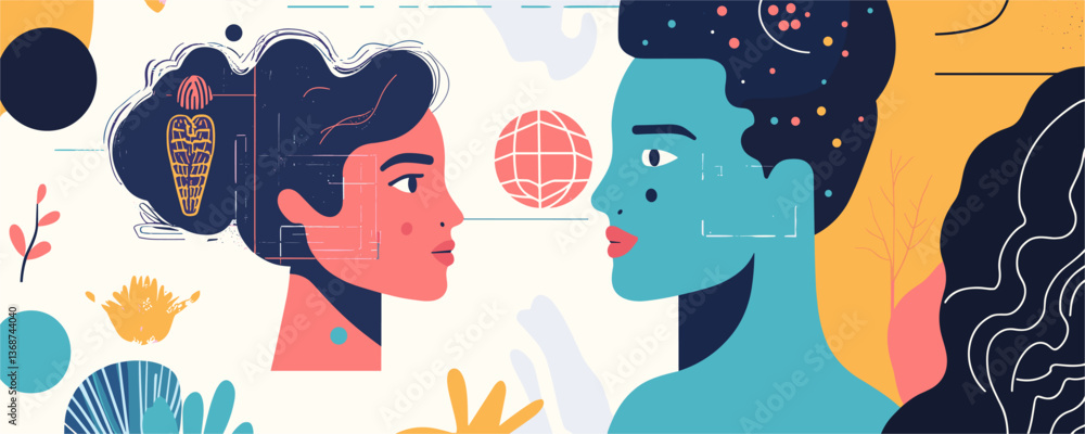 Aufkleber abstract dual portrait with colorful elements and geometric shapes vector