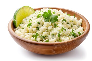Cauliflower rice with lime and cilantro in wooden bowl isolated on white background. Studio food photography. Low-carb vegan side dish concept. Design for banner, poster, print. Closeup view

