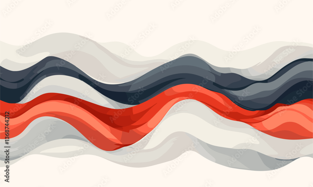 Poster abstract wavy lines in red and gray tones on light background, smooth flowing design vector