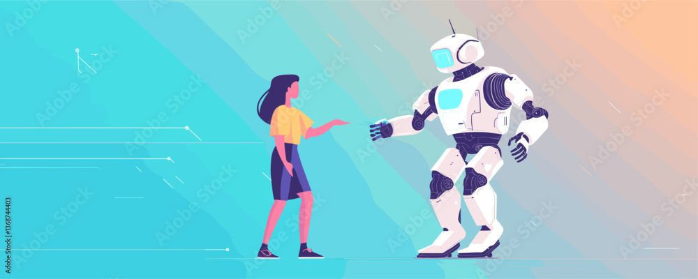 Poster human and robot communication in futuristic setting on abstract gradient background, vector