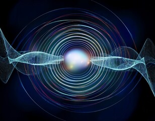 Abstract visualization of sound waves and energy radiating from a central point