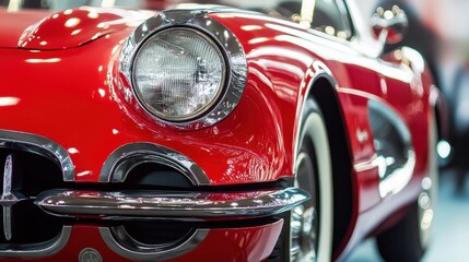 This close-up image showcases a classic red sports car, highlighting chrome details and shiny headlights. A symbol of elegance and nostalgia in automotive design.