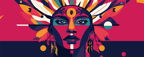 Vibrant abstract portrait of woman with feathers and geometric patterns - vector