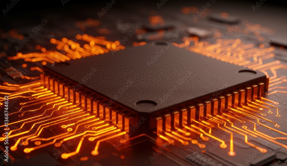 Poster close-up of a computer chip on a circuit board with orange glow, emphasizing technology and innovati