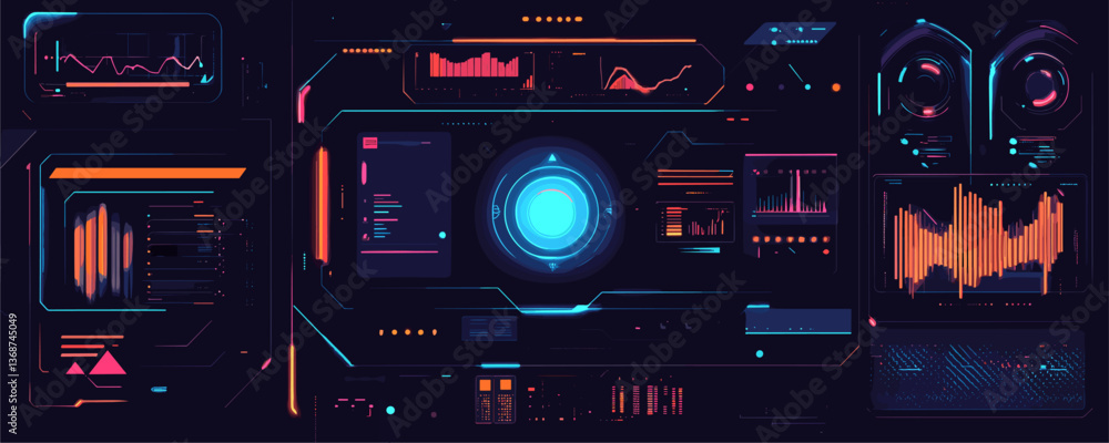 Poster futuristic dashboard with data analytics interface and holographic display - vector