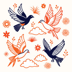 Birds silhouette vector collection white background.