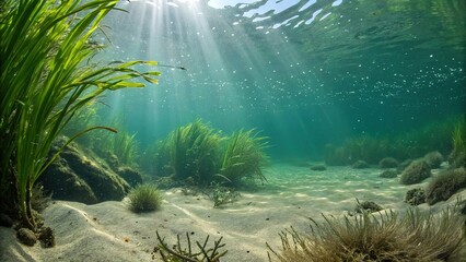 Tranquil Freshwater Oasis. A peaceful underwater view of a freshwater riverbed, with green aquatic plants swaying gently in sunlight, creating a calm and immersive aquatic environment. Generative AI.