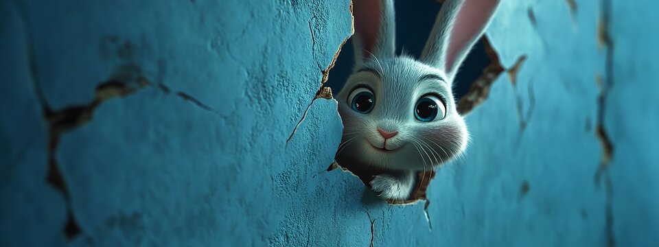 Cute bunny peeking through hole in wall cartoon animation character design for kids and family content