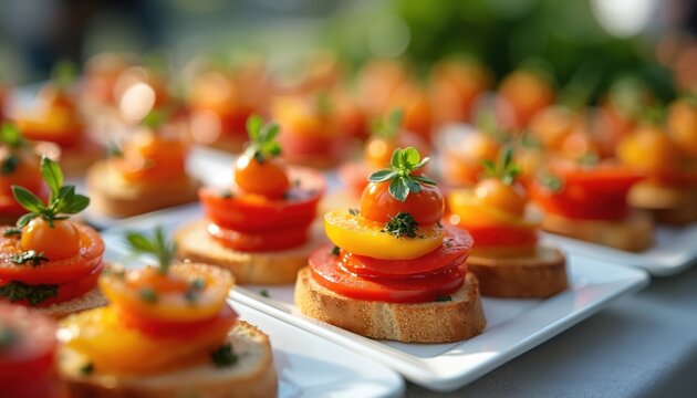 Gourmet catering options. Delicious appetizers arranged on catered table, perfect for corporate events. Beautifully arranged tasty dishes. Buffet selection display. Food and drinks on party reception.
