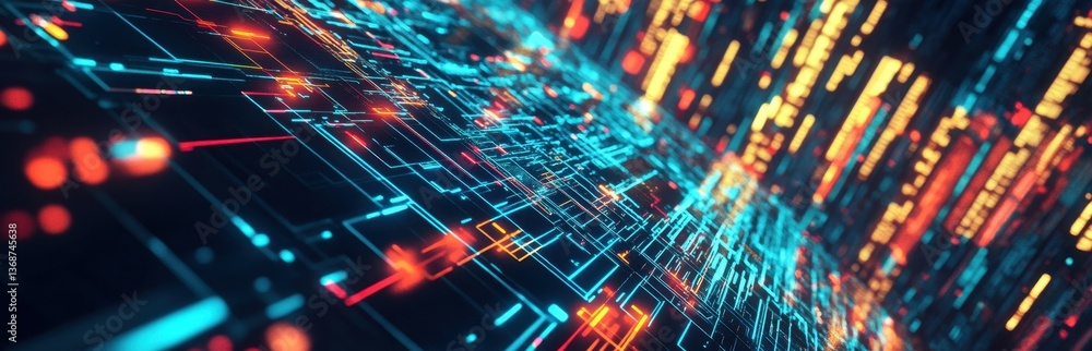 Poster a stunning representation of abstract digital data flow, showcasing vibrant colors and dynamic light