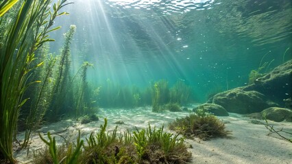 Tranquil Freshwater Oasis. A peaceful underwater view of a freshwater riverbed, with green aquatic plants swaying gently in sunlight, creating a calm and immersive aquatic environment. Generative AI.