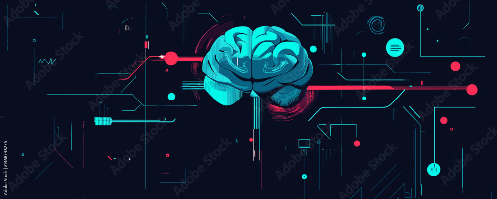 Poster futuristic human brain with circuit elements on dark background vector