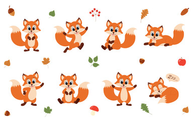Cute animal fox set characters. Fox in various poses. Fox running, standing, jumping and sleeping. Forest wild animals.